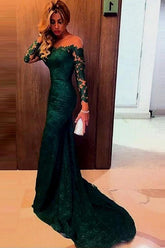Lace Mermaid Dark Green Long Sleeve Off-shoulder Long Prom Dress